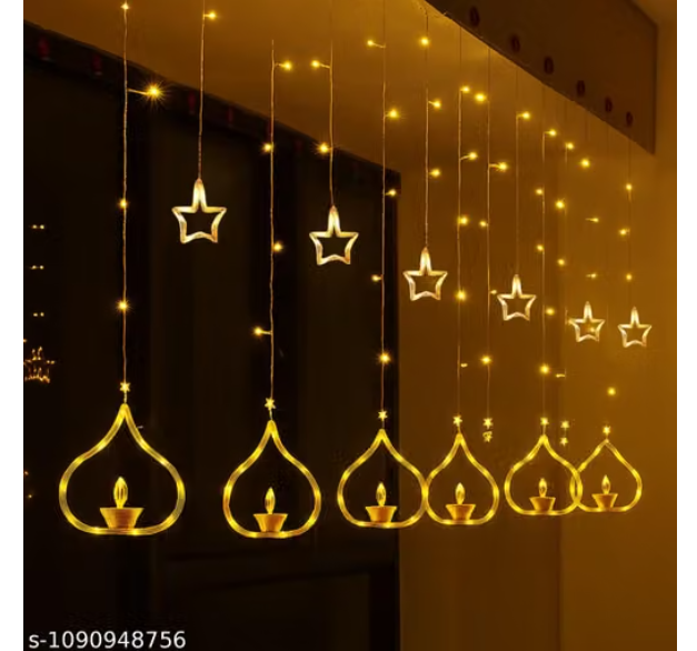 Deep Diya Curtain Decorative LED String Lights – 3 Meter Warm White Plug-in Lights with 108 LEDs, 6+6 Diya Design for Diwali, Wall, Balcony, Indoor & Outdoor Wedding & Festival Decoration - MSH
