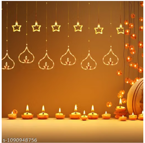 Deep Diya Curtain Decorative LED String Lights – 3 Meter Warm White Plug-in Lights with 108 LEDs, 6+6 Diya Design for Diwali, Wall, Balcony, Indoor & Outdoor Wedding & Festival Decoration - MSH