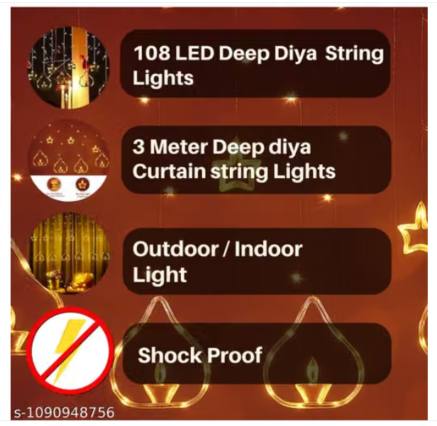 Deep Diya Curtain Decorative LED String Lights – 3 Meter Warm White Plug-in Lights with 108 LEDs, 6+6 Diya Design for Diwali, Wall, Balcony, Indoor & Outdoor Wedding & Festival Decoration - MSH