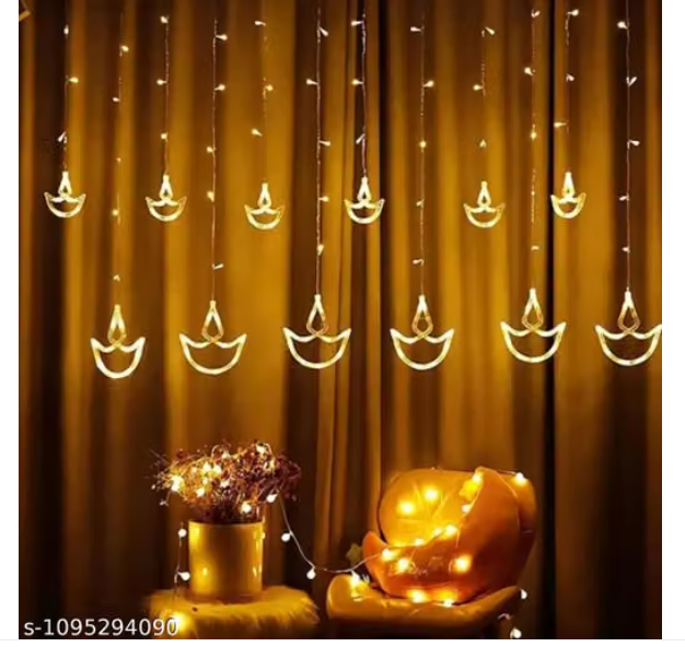 Diya Curtain Decorative LED String Lights – 3 Meter Warm White Plug-in Lights with 108 LEDs, 6+6 Diya Design for Diwali, Wall, Balcony, Indoor & Outdoor Wedding & Festival Decoration - MSH